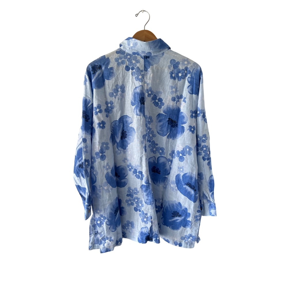 Harve Benard 2X Blue Floral Linen Cotton Tunic Shirt Long Sleeve Plus Size - Picture 2 of 7